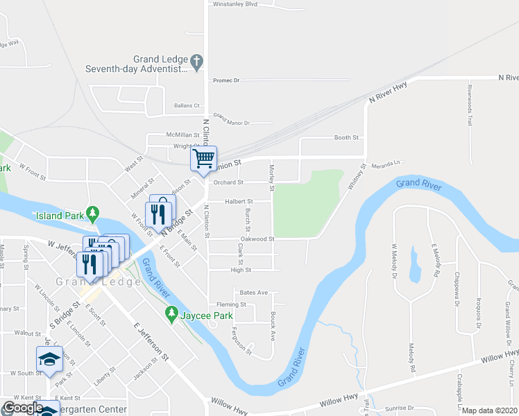 map of restaurants, bars, coffee shops, grocery stores, and more near 412 Burch Street in Grand Ledge