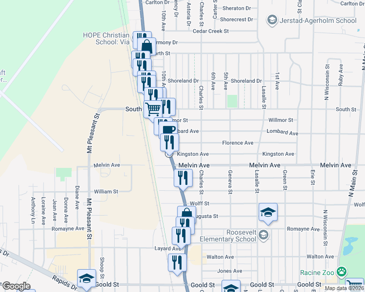 map of restaurants, bars, coffee shops, grocery stores, and more near 1423 Kingston Avenue in Racine