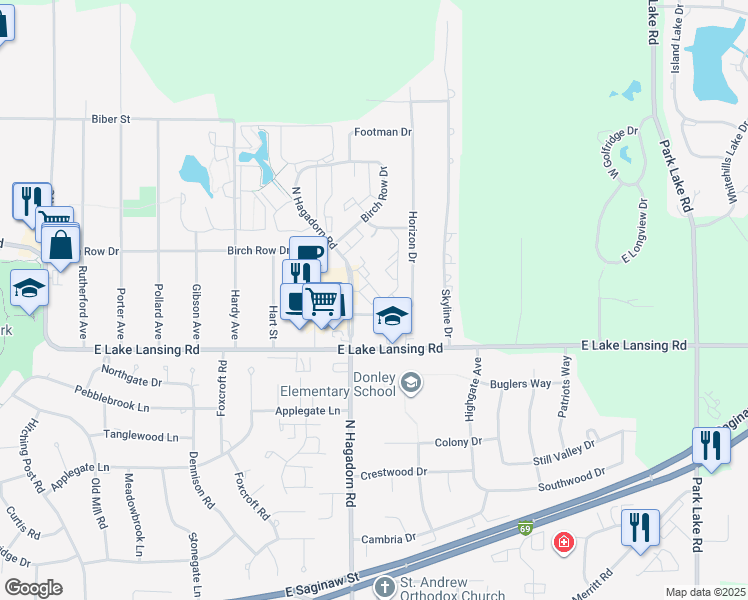 map of restaurants, bars, coffee shops, grocery stores, and more near 6080 Carriage Hill Drive in East Lansing