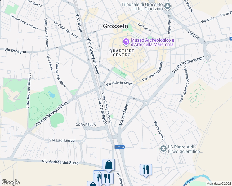 map of restaurants, bars, coffee shops, grocery stores, and more near 17 Via Martiri di Belfiore in Grosseto