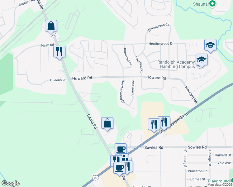 map of restaurants, bars, coffee shops, grocery stores, and more near 3480 Heatherwood Drive in Hamburg