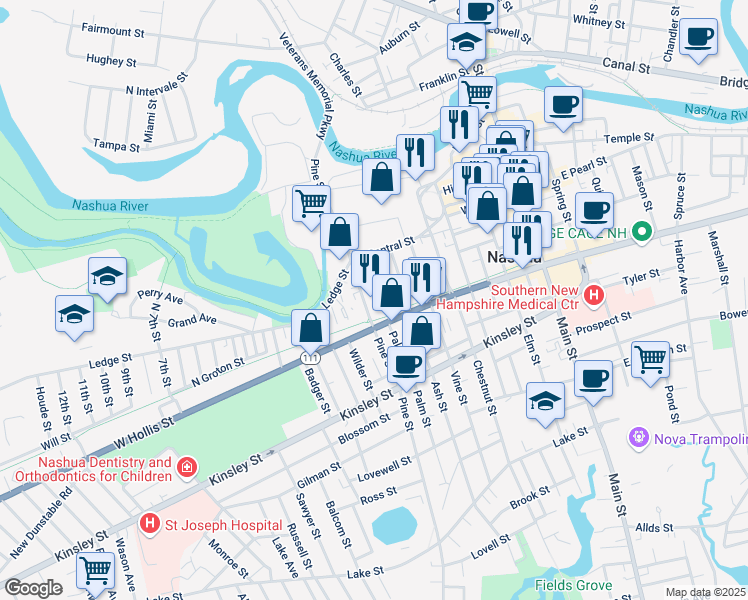 map of restaurants, bars, coffee shops, grocery stores, and more near 57 Palm Street in Nashua