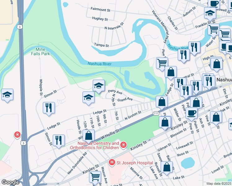 map of restaurants, bars, coffee shops, grocery stores, and more near 27 Perry Avenue in Nashua