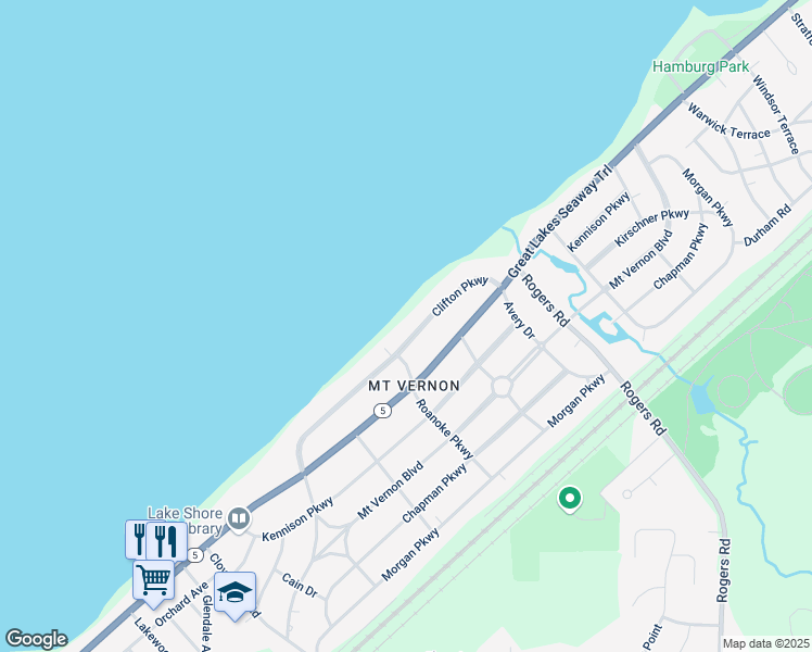 map of restaurants, bars, coffee shops, grocery stores, and more near 4760 Clifton Parkway in Hamburg