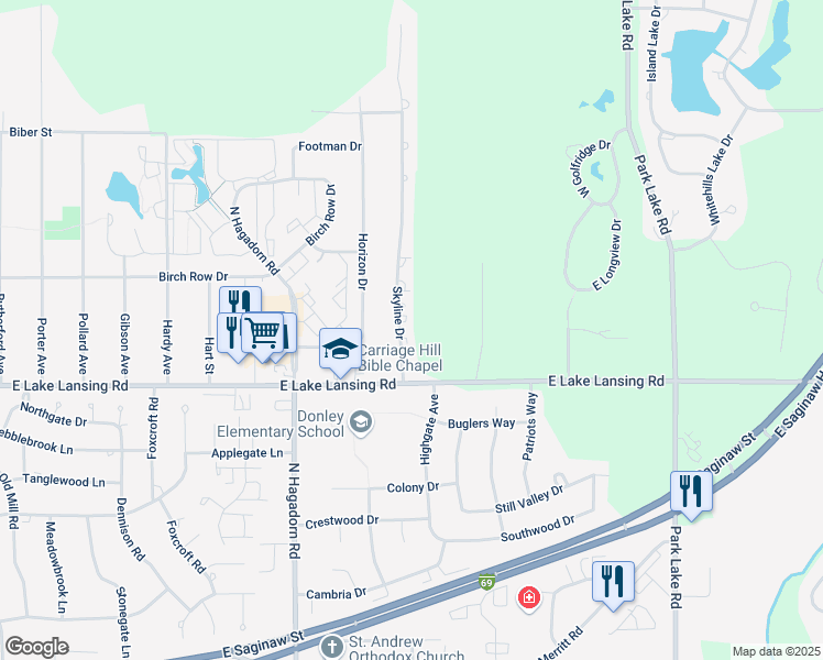 map of restaurants, bars, coffee shops, grocery stores, and more near 6070 Skyline Drive in East Lansing