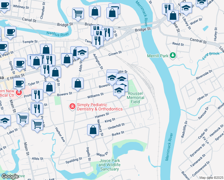 map of restaurants, bars, coffee shops, grocery stores, and more near 118 Bowers Street in Nashua
