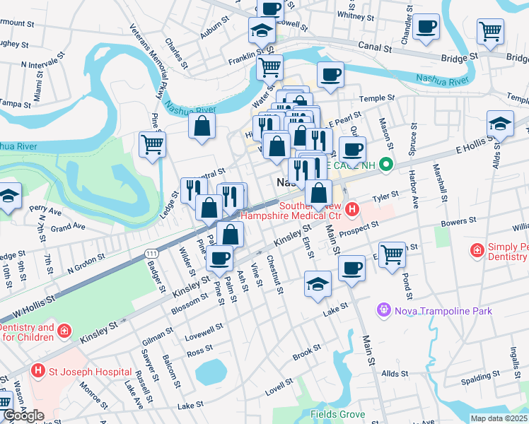 map of restaurants, bars, coffee shops, grocery stores, and more near 77 Walnut Street in Nashua