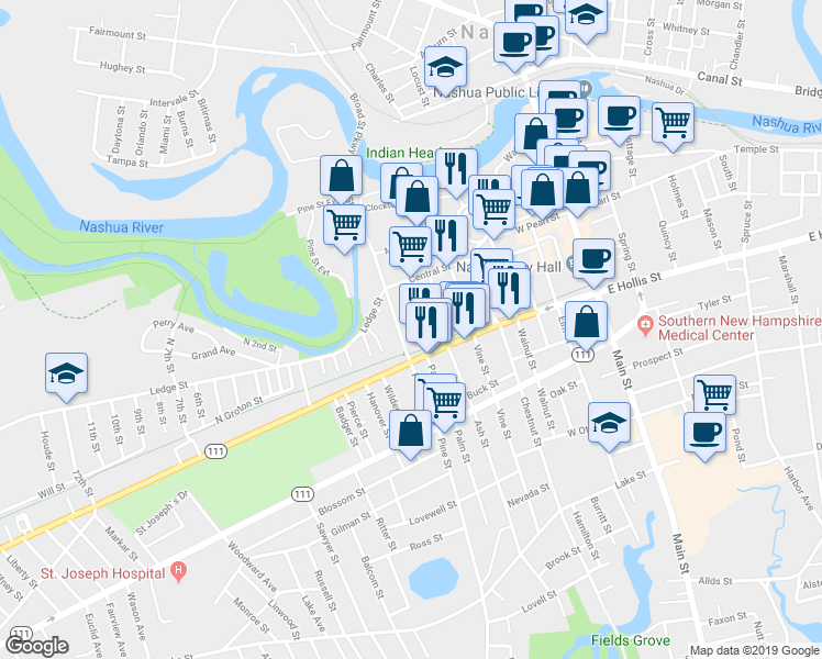 map of restaurants, bars, coffee shops, grocery stores, and more near 48 Palm Street in Nashua