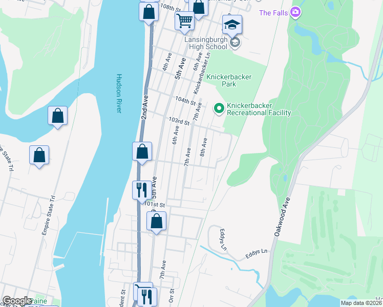 map of restaurants, bars, coffee shops, grocery stores, and more near 155 7th Avenue in Troy