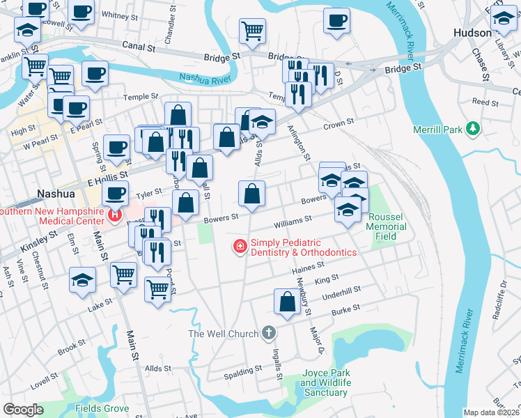map of restaurants, bars, coffee shops, grocery stores, and more near 84 Bowers Street in Nashua