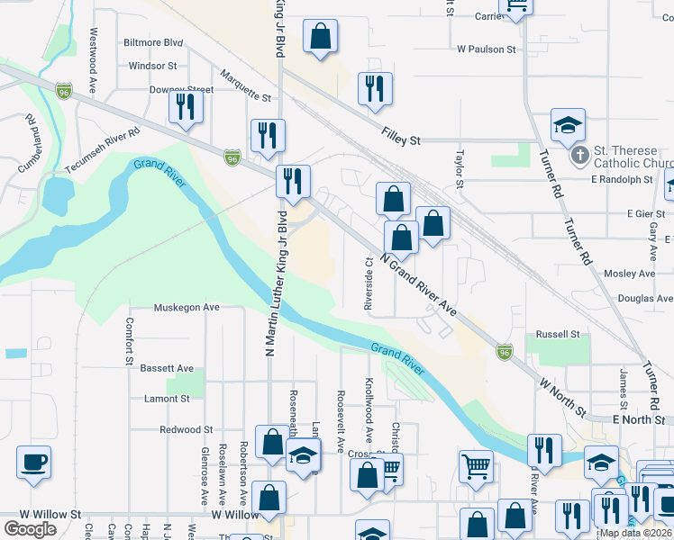 map of restaurants, bars, coffee shops, grocery stores, and more near 2316 Coolidge Street in Lansing