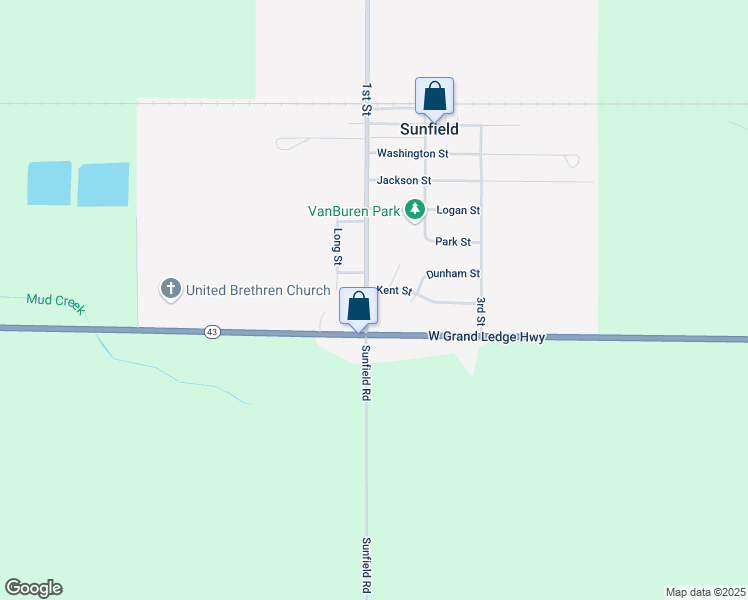 map of restaurants, bars, coffee shops, grocery stores, and more near 398 Lee Street in Sunfield