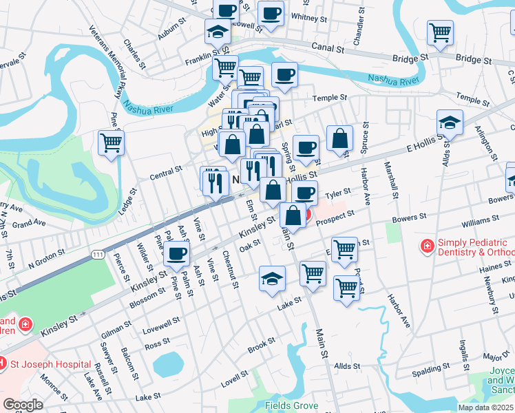 map of restaurants, bars, coffee shops, grocery stores, and more near in Nashua