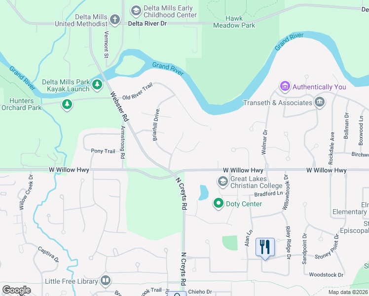 map of restaurants, bars, coffee shops, grocery stores, and more near 2222 Piney Point Drive in Lansing