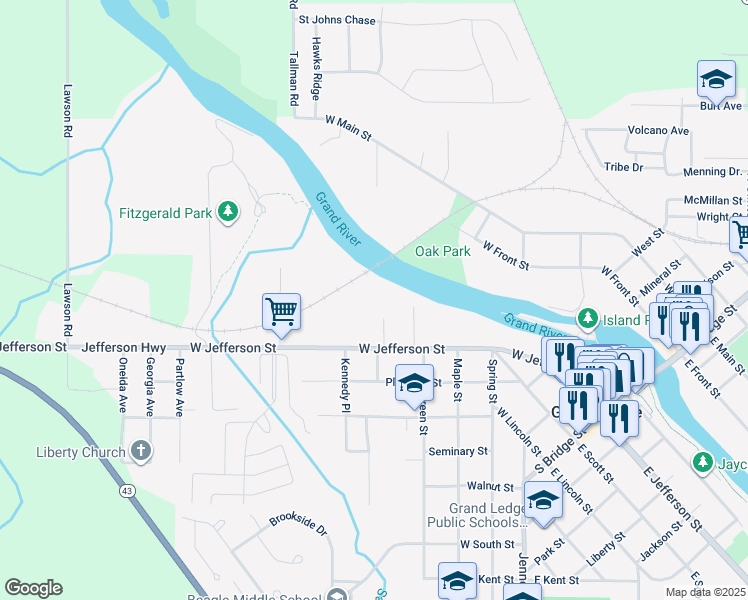 map of restaurants, bars, coffee shops, grocery stores, and more near 115 Perry Street in Grand Ledge