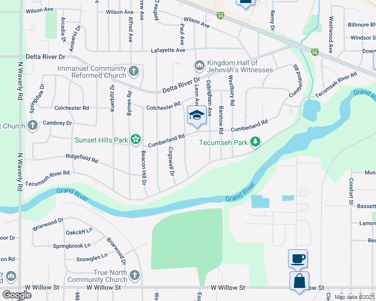map of restaurants, bars, coffee shops, grocery stores, and more near 2801 Cumberland Road in Lansing