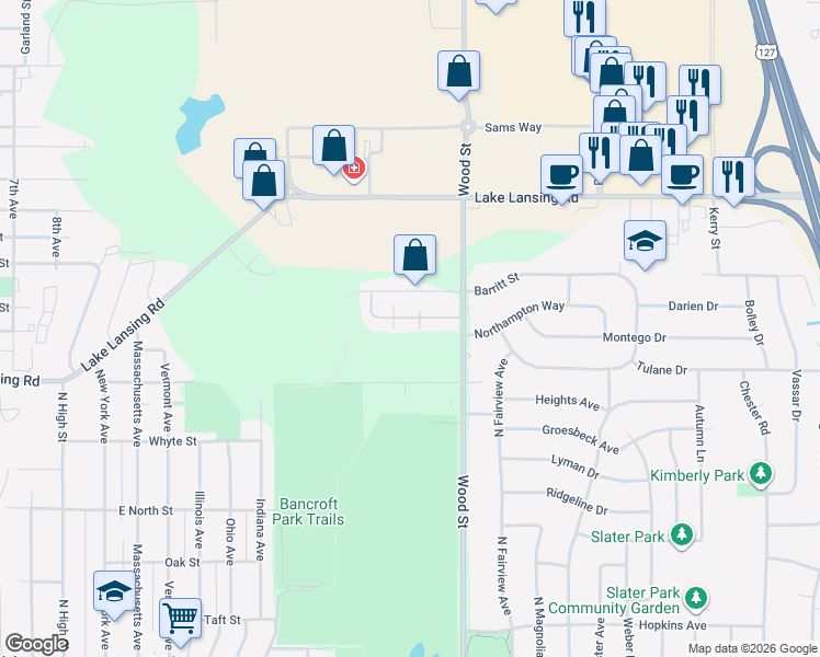 map of restaurants, bars, coffee shops, grocery stores, and more near 1710 Barritt Street in Lansing