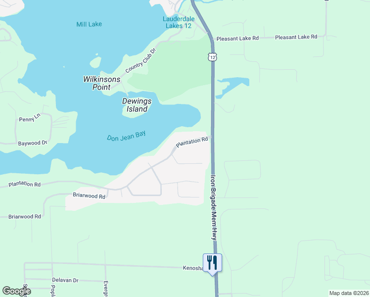 map of restaurants, bars, coffee shops, grocery stores, and more near W5134 Plantation Road in Elkhorn