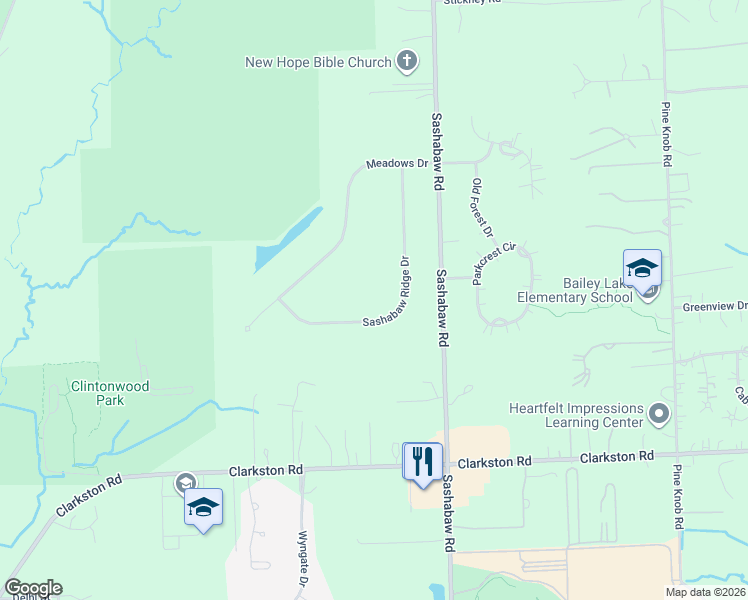 map of restaurants, bars, coffee shops, grocery stores, and more near 8148 Sashabaw Ridge Drive in Clarkston