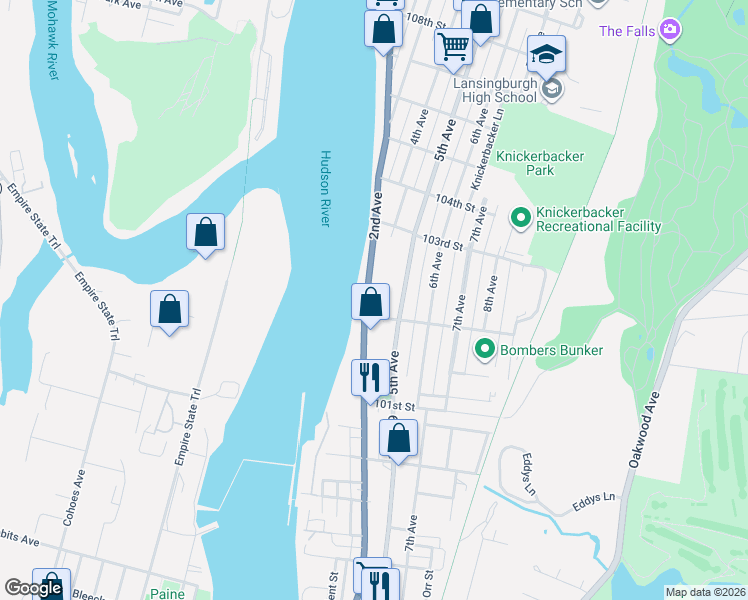 map of restaurants, bars, coffee shops, grocery stores, and more near 134 2nd Avenue in Troy