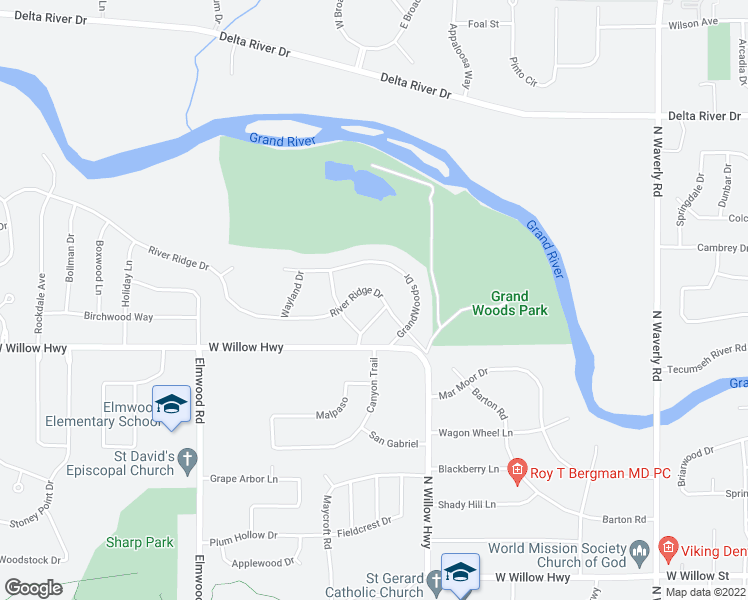 map of restaurants, bars, coffee shops, grocery stores, and more near 4726 River Ridge Drive in Lansing