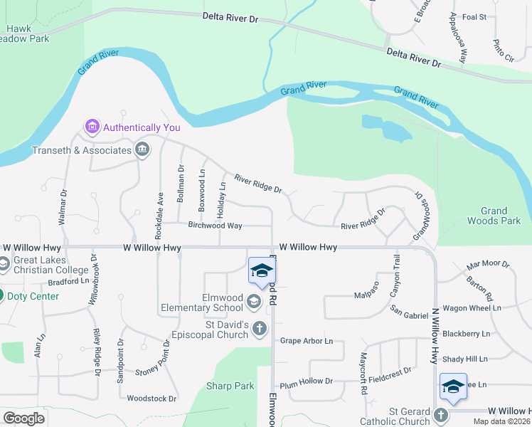 map of restaurants, bars, coffee shops, grocery stores, and more near 5200 Greenbriar Road in Lansing
