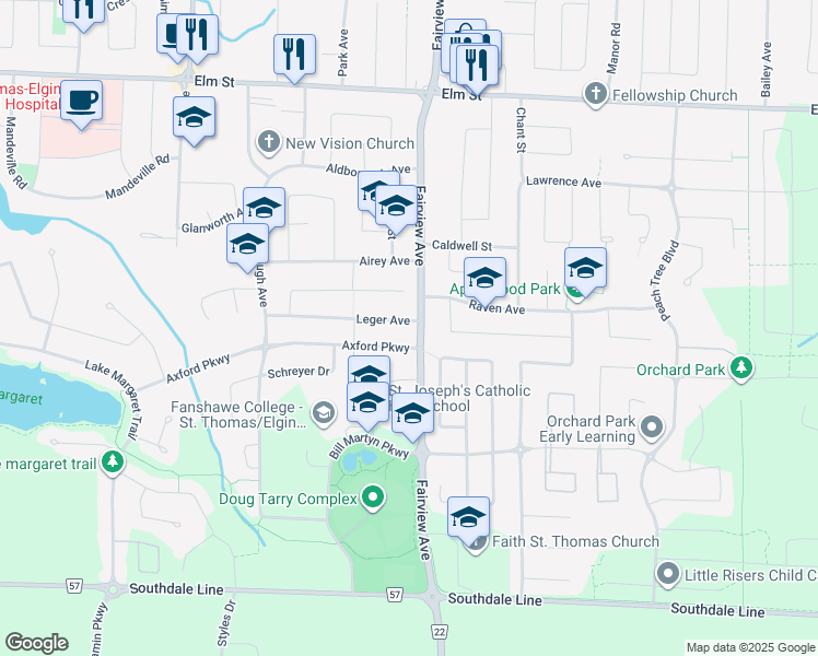 map of restaurants, bars, coffee shops, grocery stores, and more near 56 Leger Avenue in St. Thomas