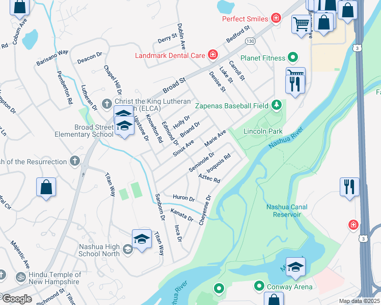 map of restaurants, bars, coffee shops, grocery stores, and more near 17 Sioux Avenue in Nashua