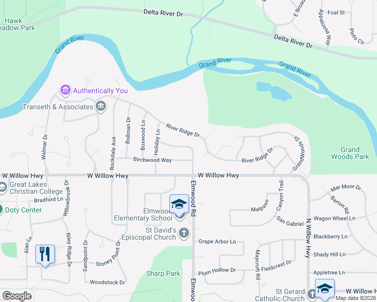 map of restaurants, bars, coffee shops, grocery stores, and more near 5200 Greenbriar Road in Lansing