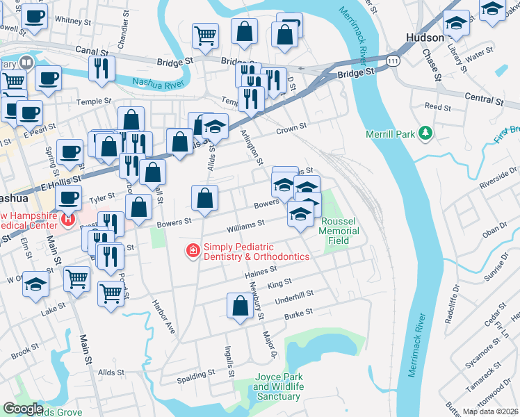 map of restaurants, bars, coffee shops, grocery stores, and more near 103 Bowers Street in Nashua