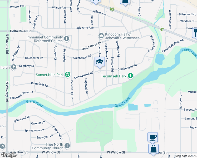 map of restaurants, bars, coffee shops, grocery stores, and more near 2801 Cumberland Road in Lansing