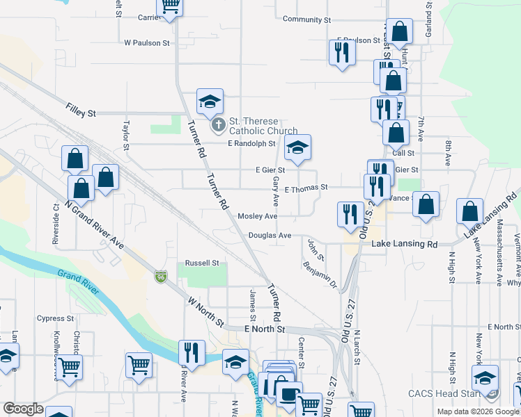 map of restaurants, bars, coffee shops, grocery stores, and more near 228 East Thomas Street in Lansing