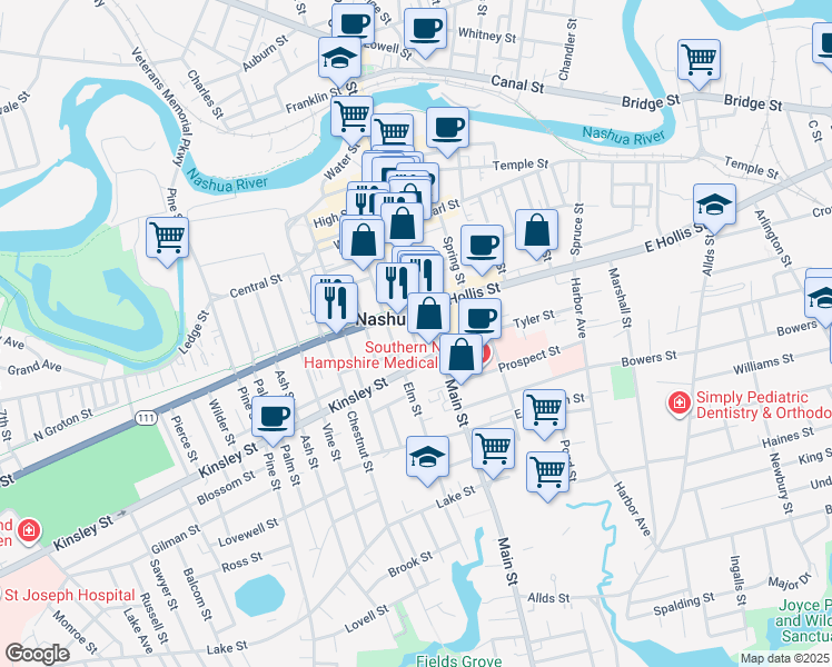 map of restaurants, bars, coffee shops, grocery stores, and more near in Nashua