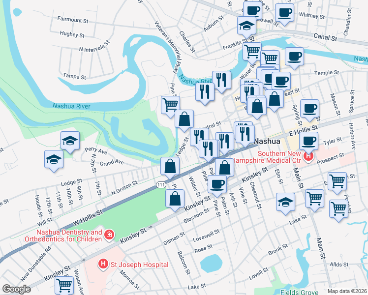 map of restaurants, bars, coffee shops, grocery stores, and more near 51 Pine Street in Nashua
