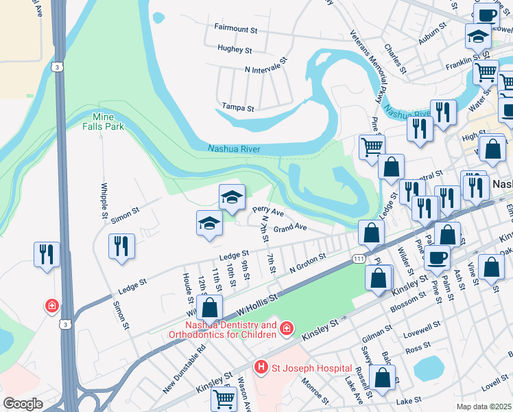 map of restaurants, bars, coffee shops, grocery stores, and more near 27 Perry Avenue in Nashua