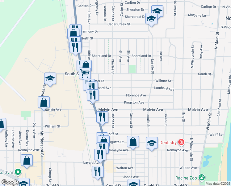 map of restaurants, bars, coffee shops, grocery stores, and more near 1309 Lombard Avenue in Racine