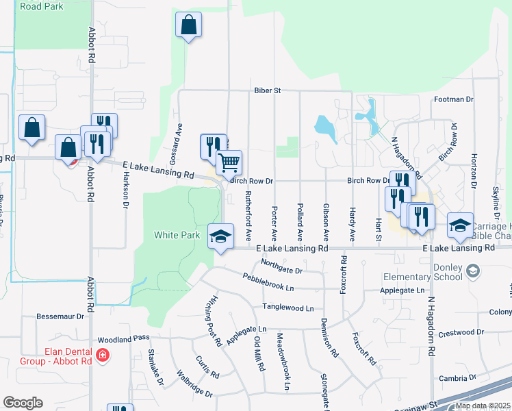 map of restaurants, bars, coffee shops, grocery stores, and more near 6085 Rutherford Avenue in East Lansing
