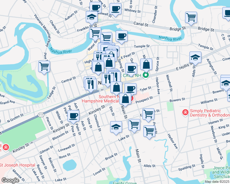 map of restaurants, bars, coffee shops, grocery stores, and more near in Nashua