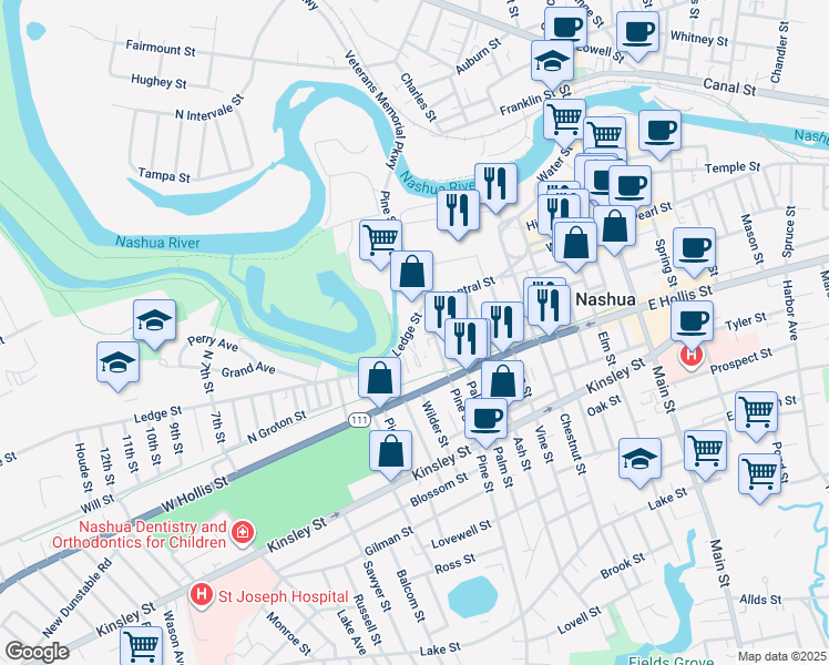 map of restaurants, bars, coffee shops, grocery stores, and more near 51 Pine Street in Nashua