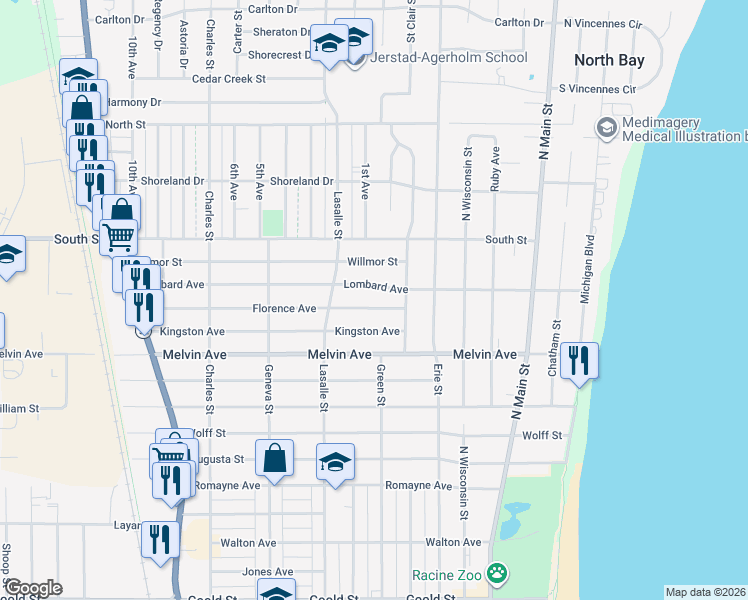 map of restaurants, bars, coffee shops, grocery stores, and more near 815 Lombard Avenue in Racine