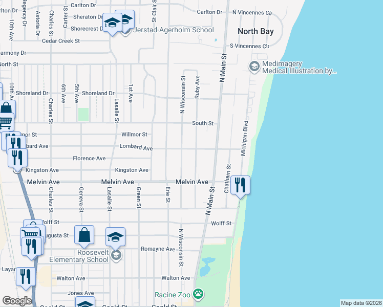 map of restaurants, bars, coffee shops, grocery stores, and more near 430 Lombard Avenue in Racine