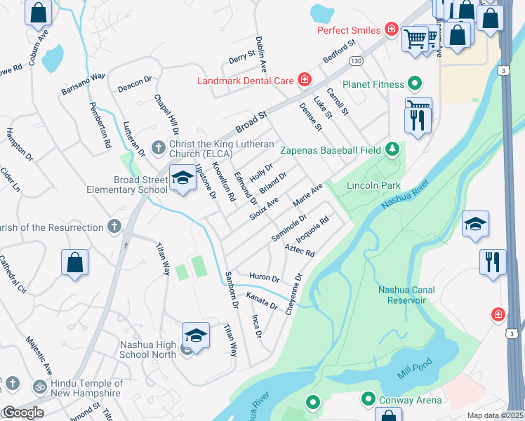 map of restaurants, bars, coffee shops, grocery stores, and more near 17 Sioux Ave in Nashua