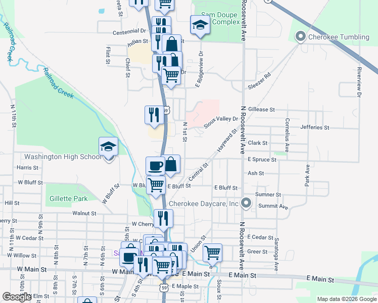 map of restaurants, bars, coffee shops, grocery stores, and more near 722 North 1st Street in Cherokee