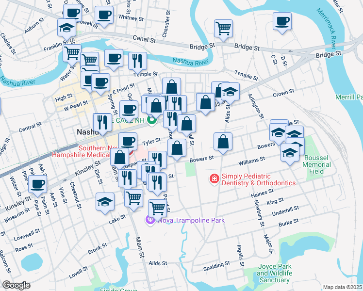 map of restaurants, bars, coffee shops, grocery stores, and more near 5 Kehoe Avenue in Nashua