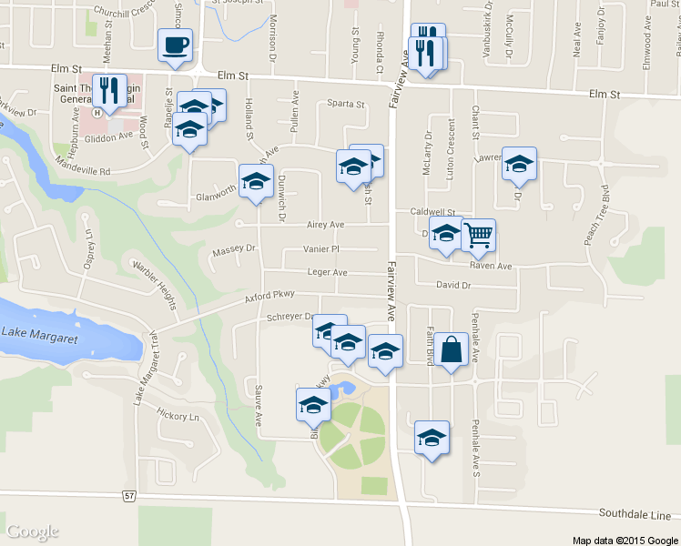 map of restaurants, bars, coffee shops, grocery stores, and more near 35 Leger Avenue in St. Thomas