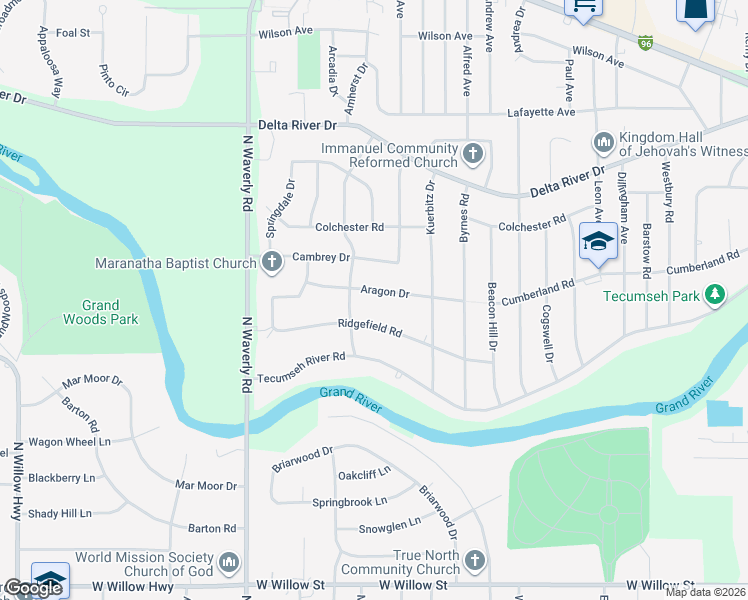 map of restaurants, bars, coffee shops, grocery stores, and more near 3423 Aragon Drive in Lansing