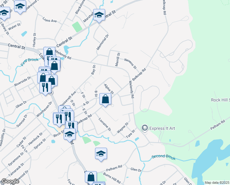 map of restaurants, bars, coffee shops, grocery stores, and more near 44 Belknap Road in Hudson