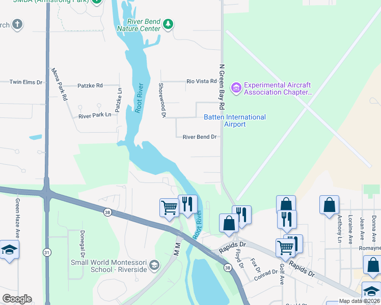 map of restaurants, bars, coffee shops, grocery stores, and more near 3701 River Bend Drive in Racine