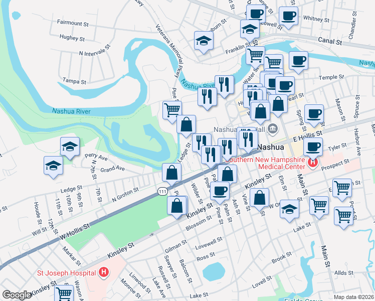 map of restaurants, bars, coffee shops, grocery stores, and more near 51 Pine Street in Nashua