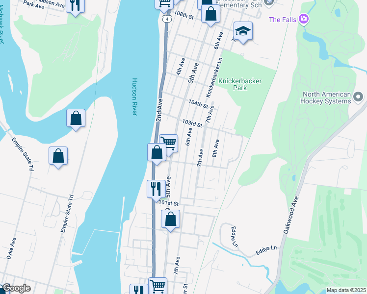 map of restaurants, bars, coffee shops, grocery stores, and more near 141 6th Avenue in Troy